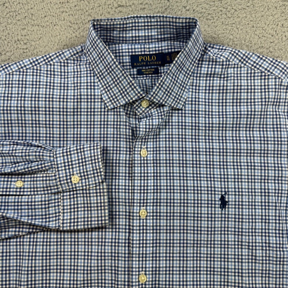 Polo Ralph Lauren Mens XL Plaid Button Down Shirt Stretch Cotton Blue White